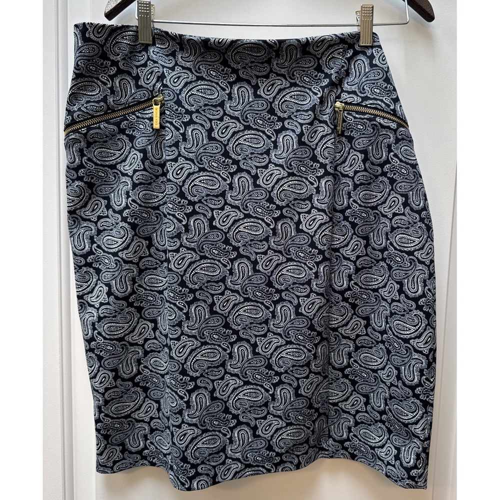 MICHAEL KORS Pencil Skirt Size 16‎ Zipper Pockets Blue White Paisley Knee Length